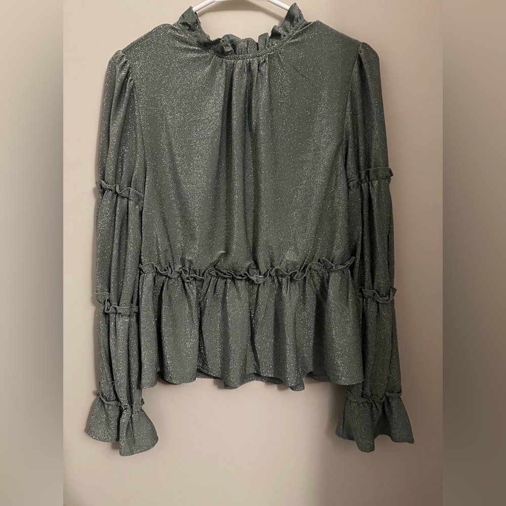 Shimmery Sage Ruffle Peplum Blouse